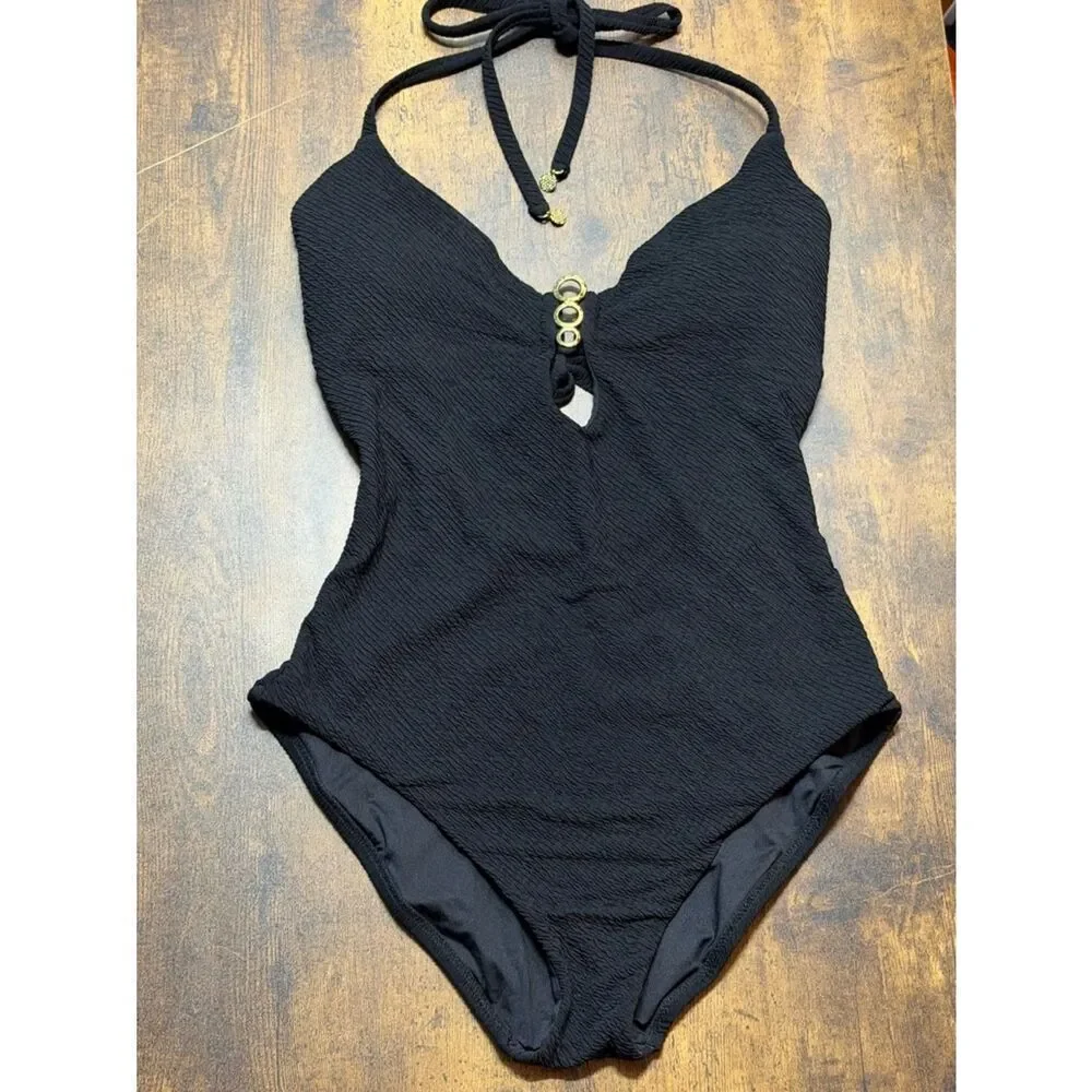 Trina Turk Textured Black Halter One Piece Swimsuit NWT Size 14 Luxe Gold Detail